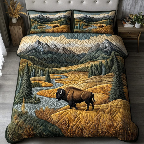 Bison Spirit quilted 3-piece bedding set on a made bed in a rustic timber bedroom