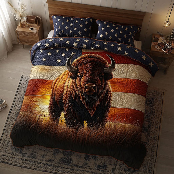 Bison Spirit quilted 3-piece bedding set on a made bed in a rustic timber bedroom