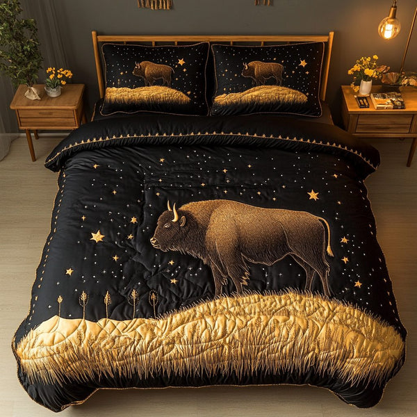 Bison Trail quilted 3-piece bedding set on a made bed in a rustic timber bedroom