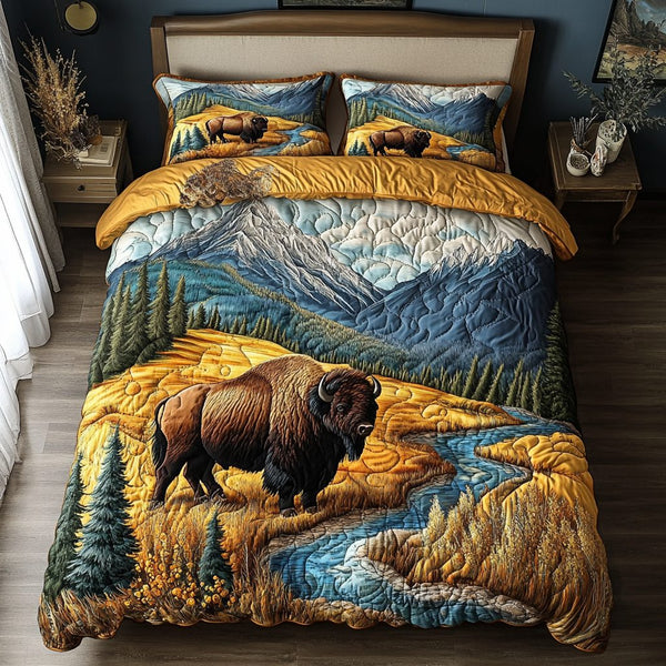 Bison Trail quilted 3-piece bedding set on a made bed in a rustic timber bedroom