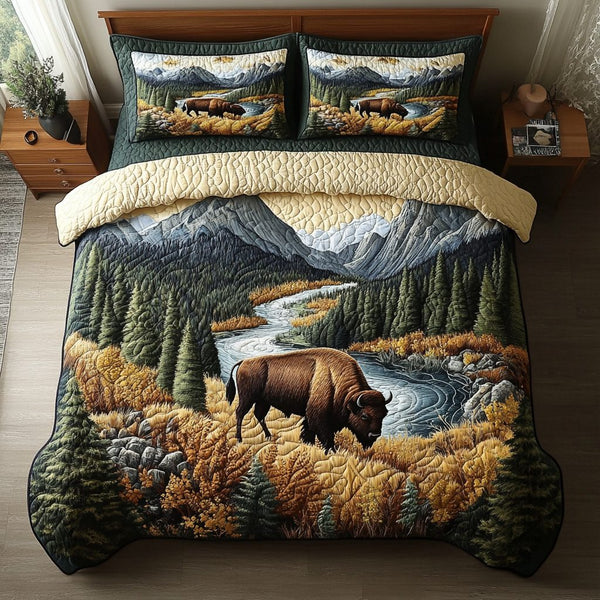 Bison Valley quilted 3-piece bedding set on a made bed in a rustic timber bedroom