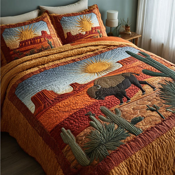 Bison Wild quilted 3-piece bedding set on a made bed in a rustic timber bedroom