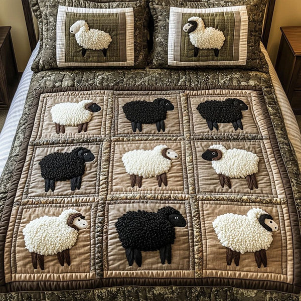 Black and White Flock quilted 3-piece bedding set on a made bed with two matching pillow shams