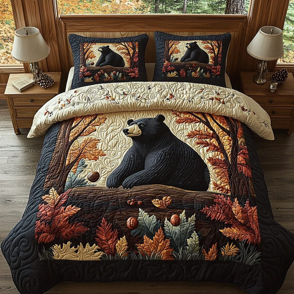 Black Bear Autumn Vintage Charm quilted 3-piece bedding set on a made bed in a farmhouse bedroom