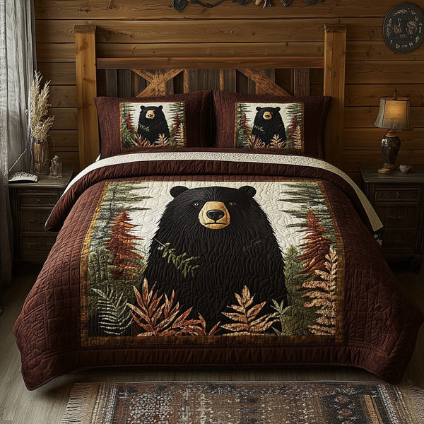 Black Bear Autumn Whimsy quilted 3-piece bedding set on a made bed with two matching pillow shams