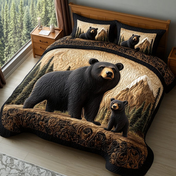 Black Bear Charm quilted 3-piece bedding set on a made bed with two matching pillow shams