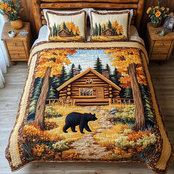 Black Bear Escape quilted 3-piece bedding set on a made bed with two matching pillow shams