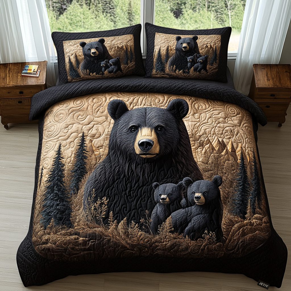 Black Bear Family quilted 3-piece bedding set on a made bed with two matching pillow shams