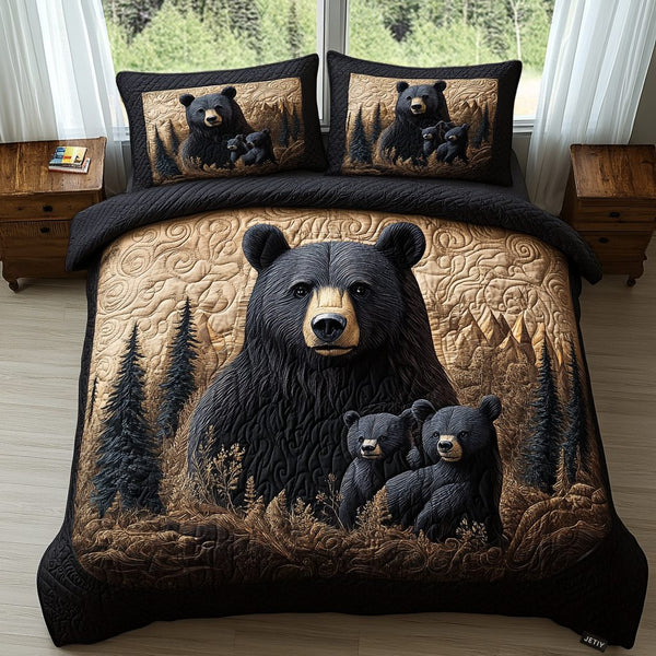 Black Bear Family quilted 3-piece bedding set on a made bed with two matching pillow shams