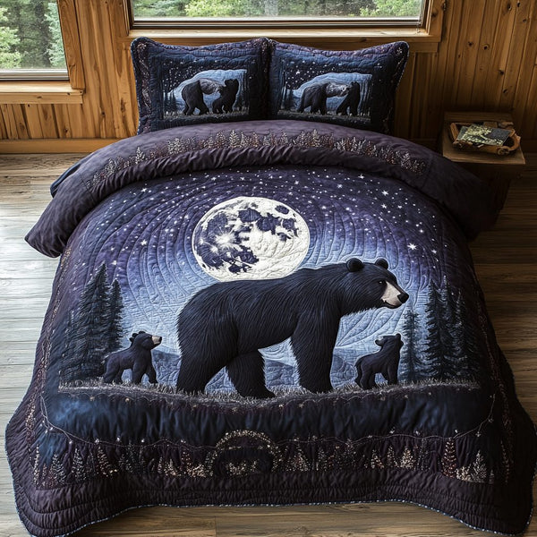 Black Bear Moonlight quilted 3-piece bedding set on a made bed with two matching pillow shams