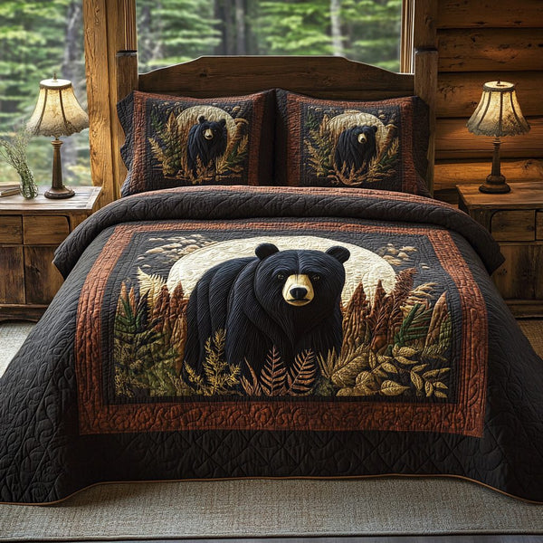 Black Bear Moonlit Autumn quilted 3-piece bedding set on a made bed with two matching pillow shams