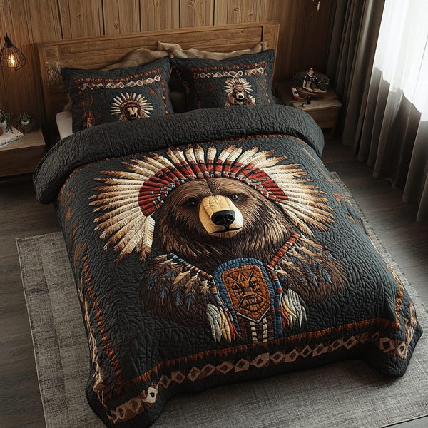 Black Bear Nights quilted 3-piece bedding set on a made bed with two matching pillow shams
