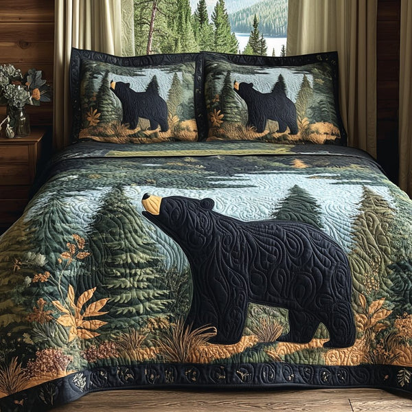 Black Bear Pines quilted 3-piece bedding set on a made bed with two matching pillow shams
