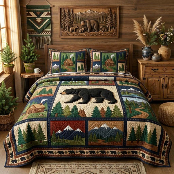 Black Bear quilted 3-piece bedding set on a made bed with two matching pillow shams