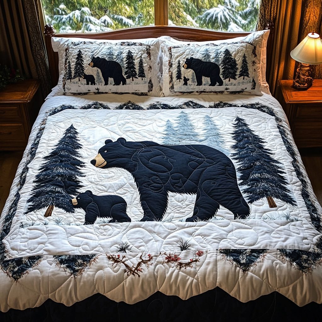 Black Bear Winter quilted 3-piece bedding set on a made bed in a winter-styled bedroom