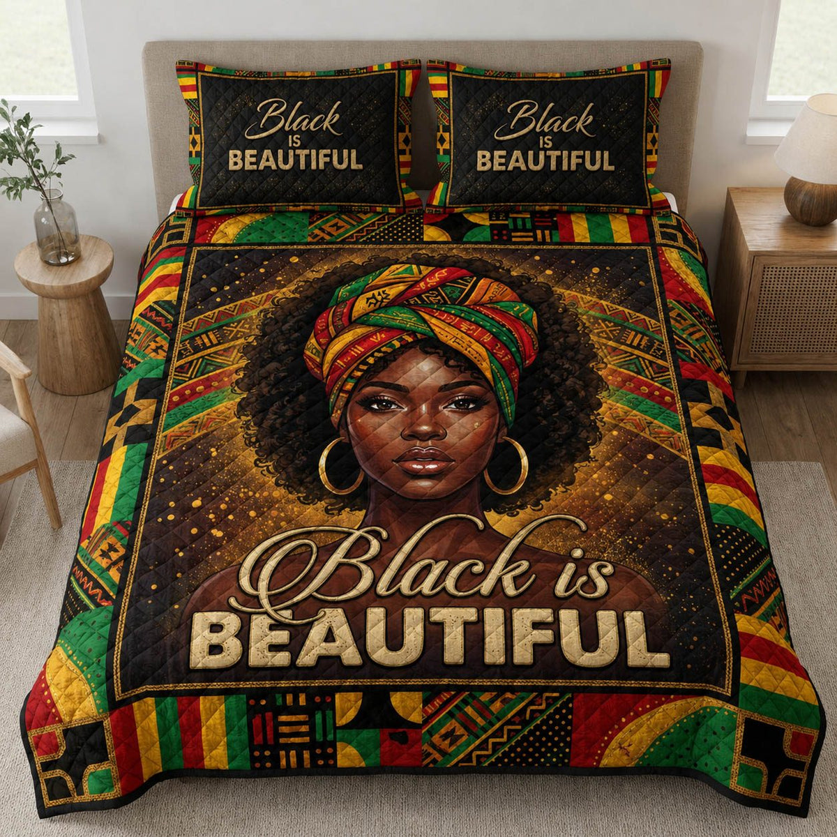 Black Beauty quilted 3-piece bedding set on a made bed with two matching pillow shams