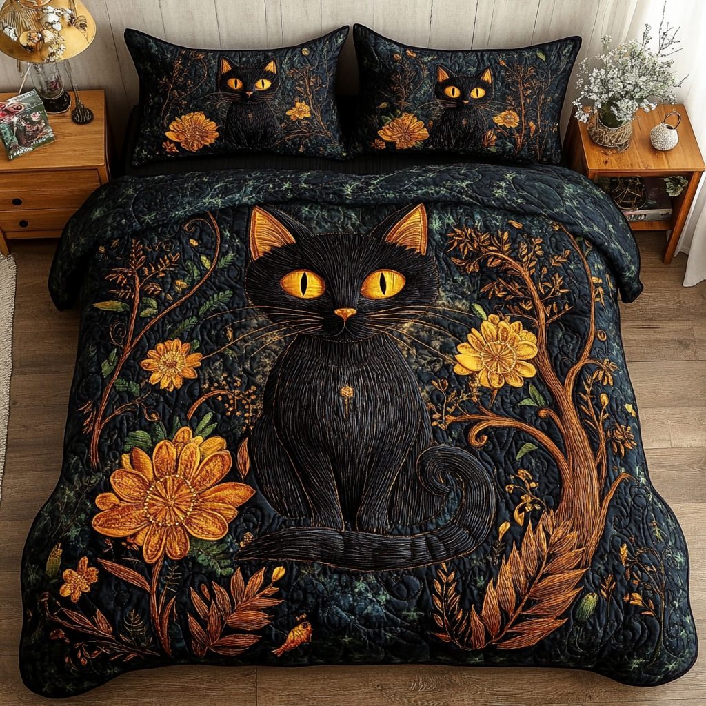 Black Blossom quilted 3-piece bedding set on a made bed with two matching pillow shams