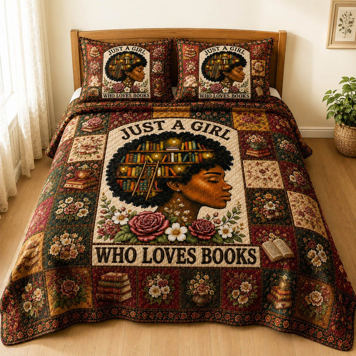 Black Book Lover quilted 3-piece bedding set on a made bed with two matching pillow shams