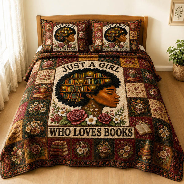 Black Book Lover quilted 3-piece bedding set on a made bed with two matching pillow shams