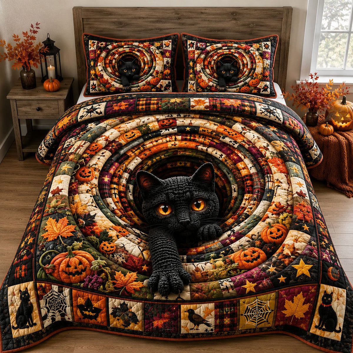 Black Cat Autumn Halloween quilted 3-piece bedding set on a made bed against a dark styled interior