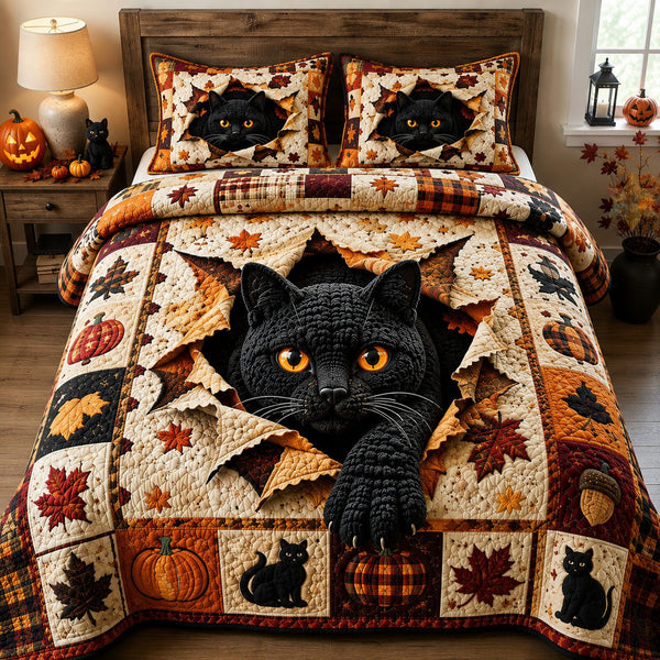 Black Cat Autumn quilted 3-piece bedding set on a made bed with two matching pillow shams