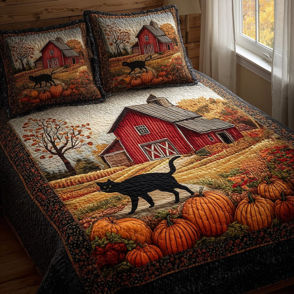 Black Cat Autumn quilted 3-piece bedding set on a made bed with two matching pillow shams