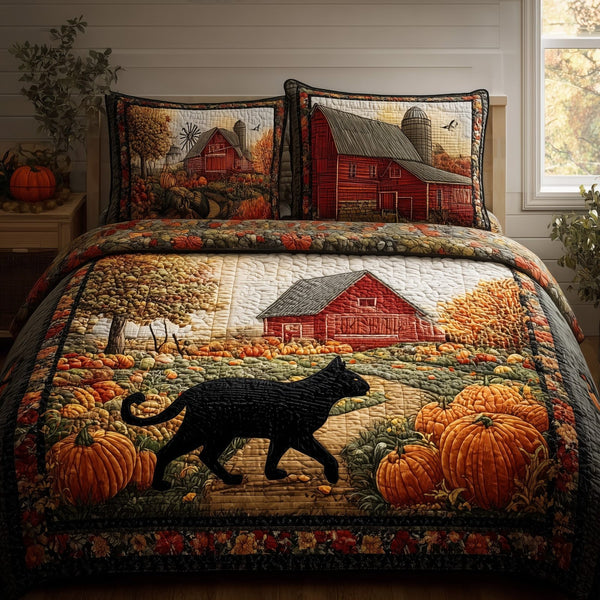 Black Cat Autumn quilted 3-piece bedding set on a made bed with two matching pillow shams