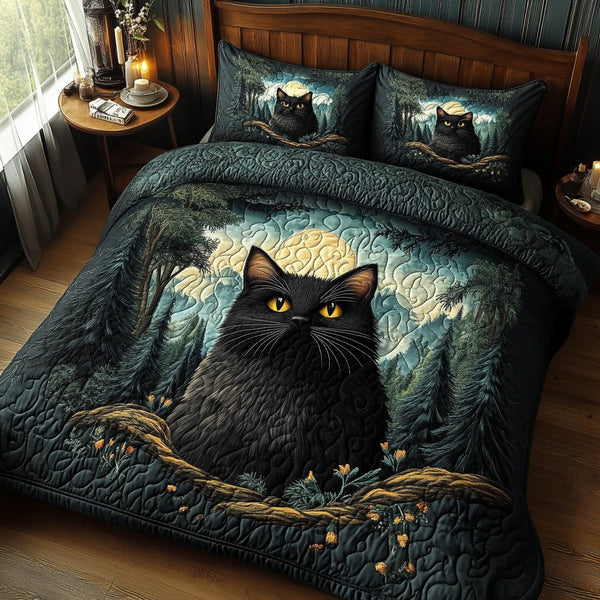 Black Cat Charm quilted 3-piece bedding set on a made bed with two matching pillow shams
