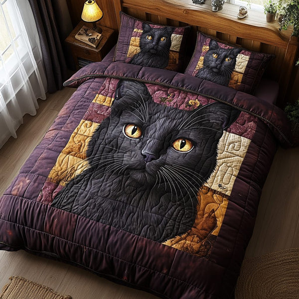 Black Cat Cottage quilted 3-piece bedding set on a made bed in a farmhouse bedroom