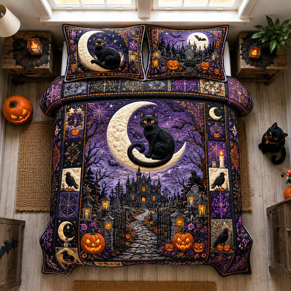 Black Cat Crescent Moon quilted 3-piece bedding set on a made bed with two matching pillow shams
