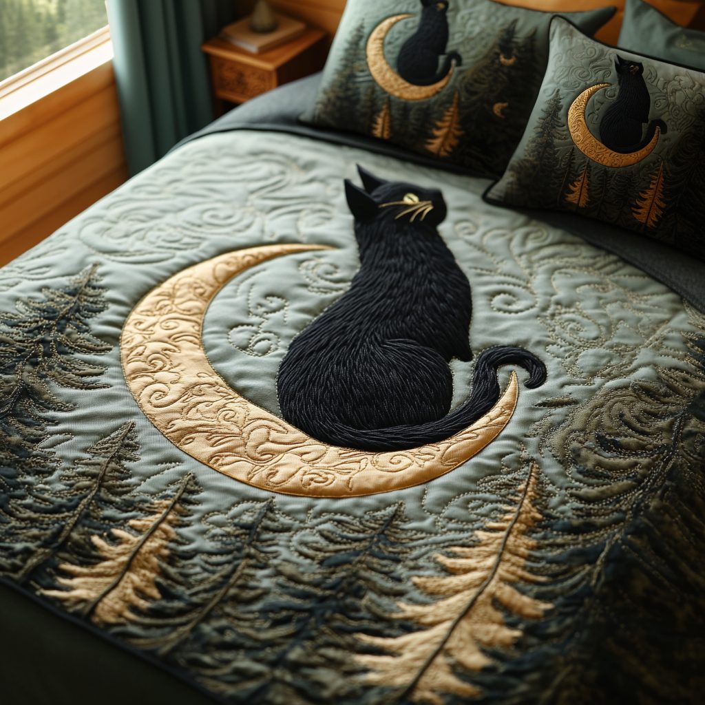 Black Cat Dreams quilted 3-piece bedding set on a made bed with two matching pillow shams