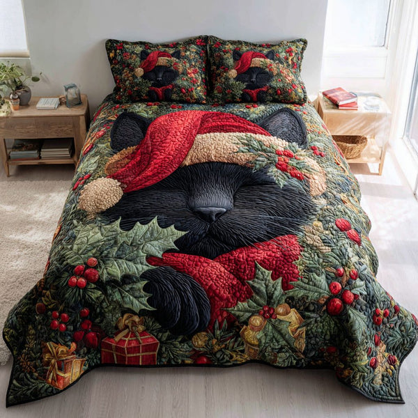 Black Cat Garland quilted 3-piece bedding set on a made bed with two matching pillow shams