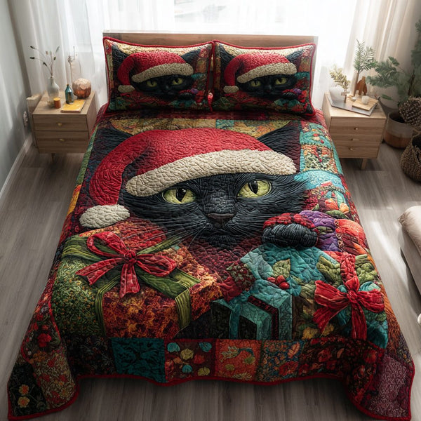 Black Cat Gifts quilted 3-piece bedding set on a made bed with two matching pillow shams