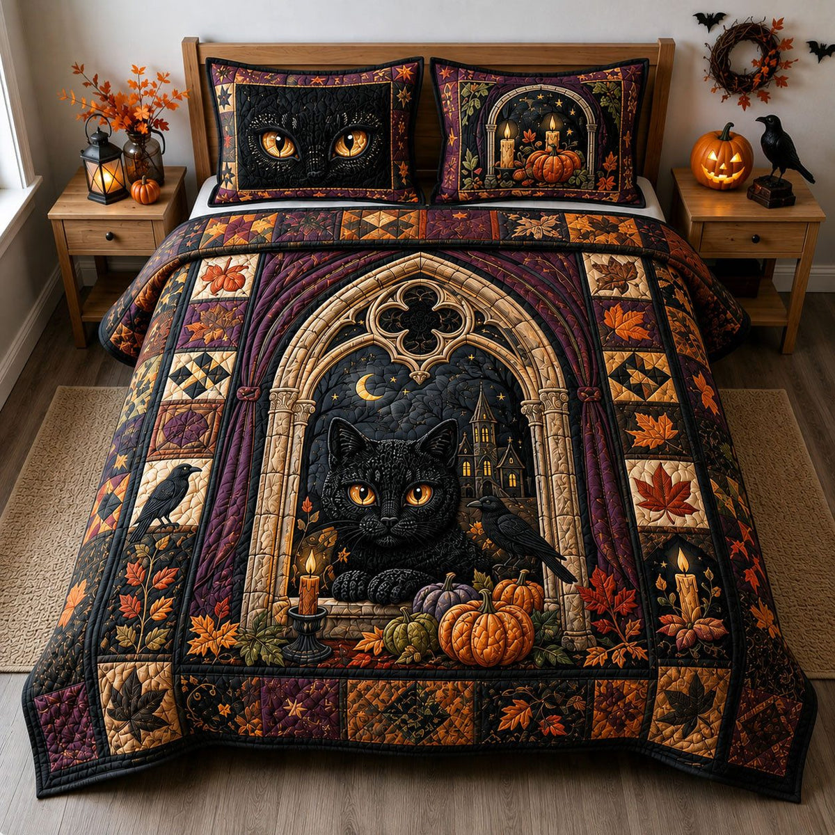 Black Cat Gothic Halloween quilted 3-piece bedding set on a made bed against a dark styled interior