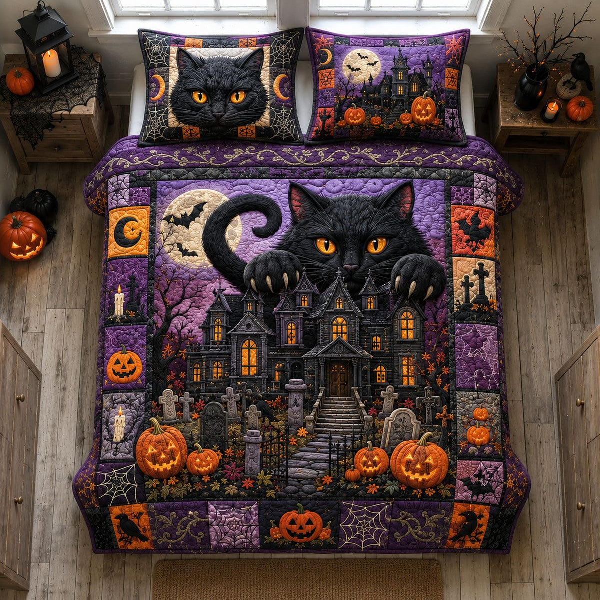 Black Cat Halloween Mansion quilted 3-piece bedding set on a made bed against a dark styled interior