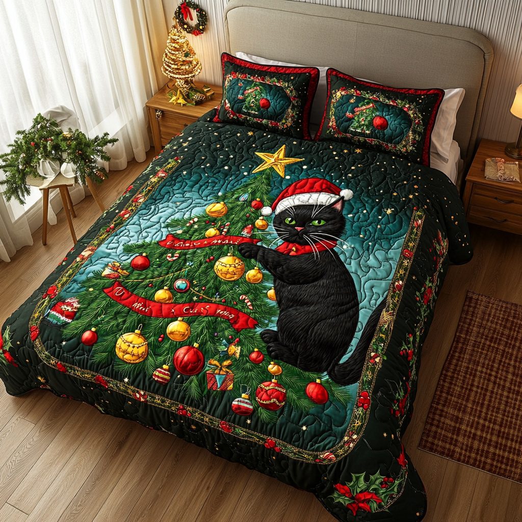 Black Cat Joy quilted 3-piece bedding set on a made bed with two matching pillow shams
