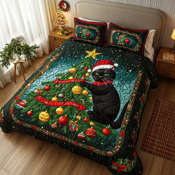 Black Cat Joy quilted 3-piece bedding set on a made bed with two matching pillow shams