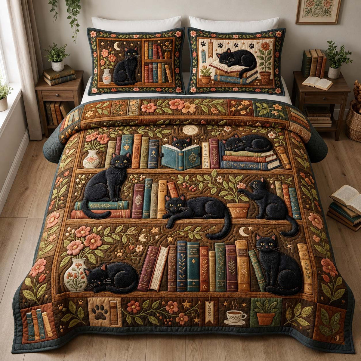 Black Cat Library Garden quilted 3-piece bedding set on a made bed with two matching pillow shams