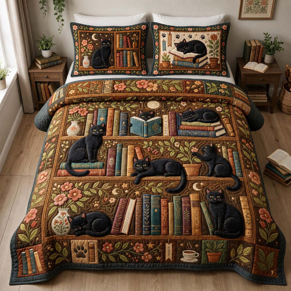 Black Cat Library Garden quilted 3-piece bedding set on a made bed with two matching pillow shams