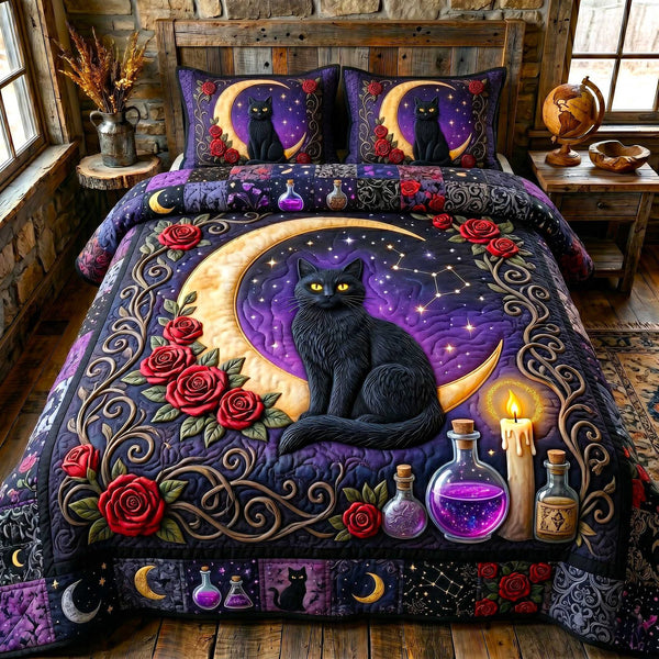 Black Cat Magic quilted 3-piece bedding set on a made bed with two matching pillow shams