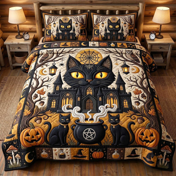 Black Cat Magic quilted 3-piece bedding set on a made bed with two matching pillow shams