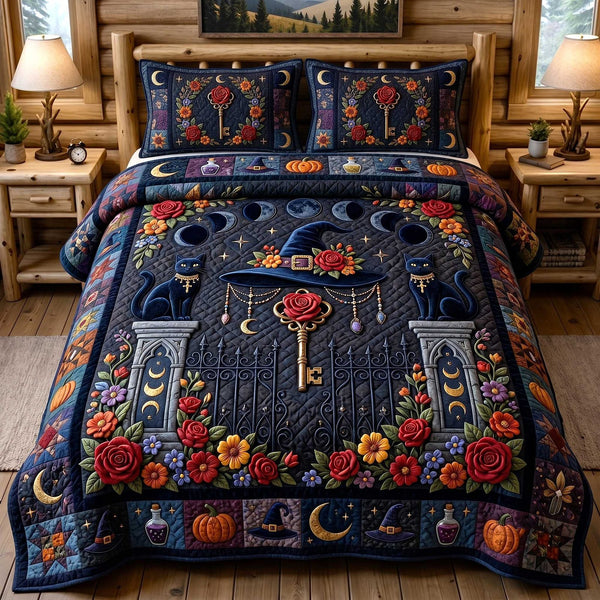 Black Cat Magic quilted 3-piece bedding set on a made bed with two matching pillow shams