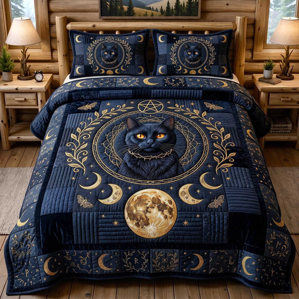 Black Cat Magic quilted 3-piece bedding set on a made bed with two matching pillow shams