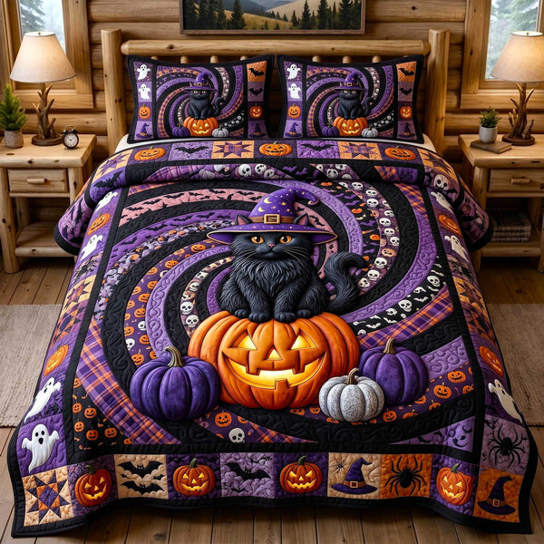 Black Cat Magic quilted 3-piece bedding set on a made bed with two matching pillow shams