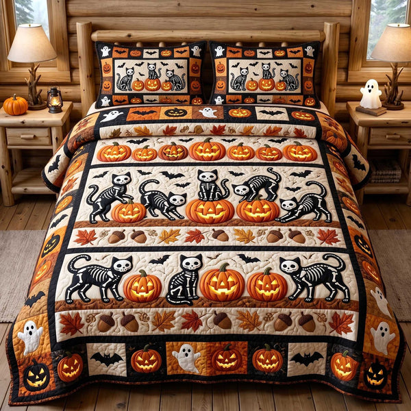 Black Cat Magic quilted 3-piece bedding set on a made bed with two matching pillow shams