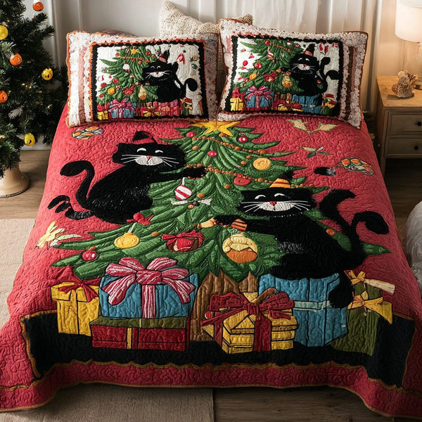 Black Cat Magic quilted 3-piece bedding set on a made bed with two matching pillow shams