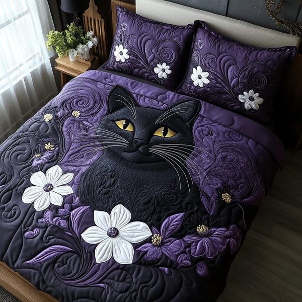 Black Cat Magic quilted 3-piece bedding set on a made bed with two matching pillow shams