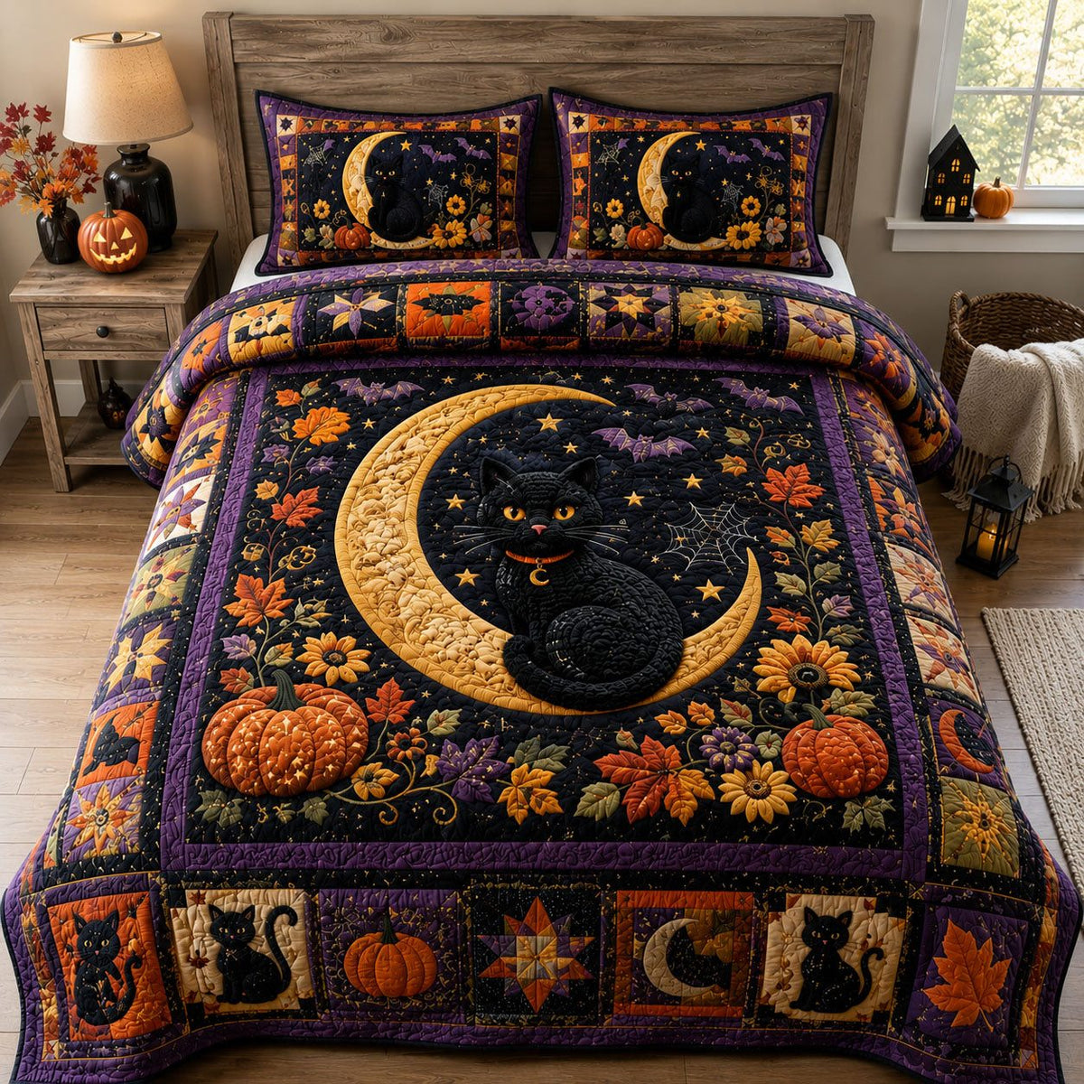 Black Cat Moonlight quilted 3-piece bedding set on a made bed with two matching pillow shams