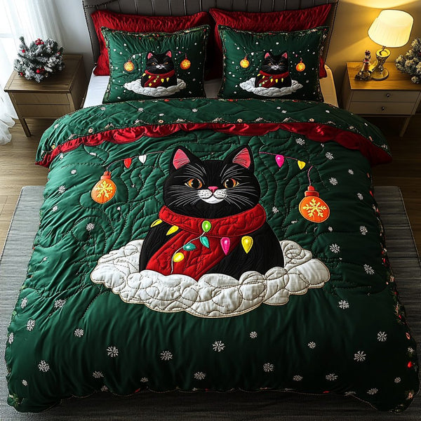Black Cat Night quilted 3-piece bedding set on a made bed with two matching pillow shams