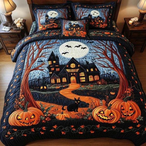 Black Cat Night quilted 3-piece bedding set on a made bed with two matching pillow shams